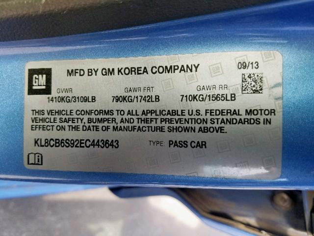 KL8CB6S92EC443643 - 2014 CHEVROLET SPARK LS BLUE photo 10