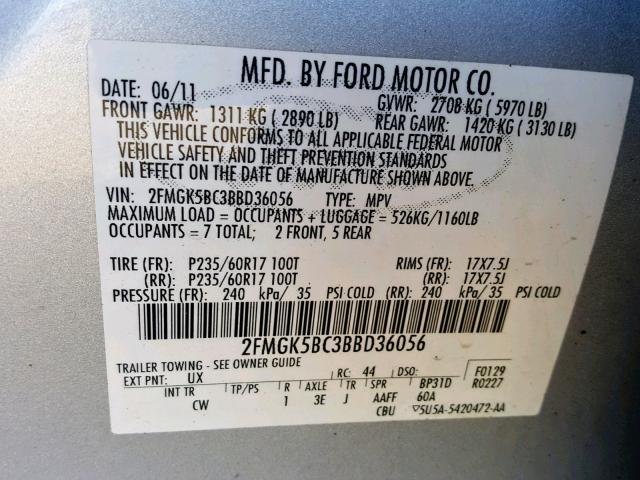 2FMGK5BC3BBD36056 - 2011 FORD FLEX SE SILVER photo 10