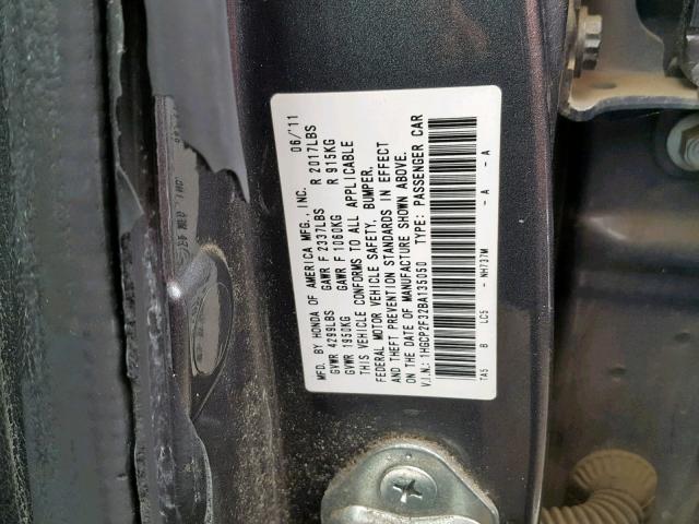 1HGCP2F32BA135050 - 2011 HONDA ACCORD LX GRAY photo 10