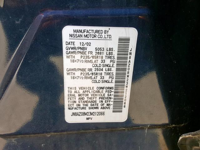 JN8AZ08W23W212066 - 2003 NISSAN MURANO SL BLUE photo 10