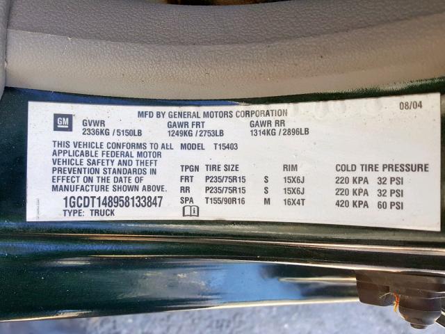 1GCDT148958133847 - 2005 CHEVROLET COLORADO GREEN photo 10