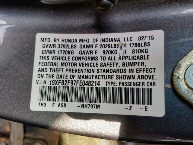 19XFB2F97FE048214 - 2015 HONDA CIVIC EXL 灰色 照片 10