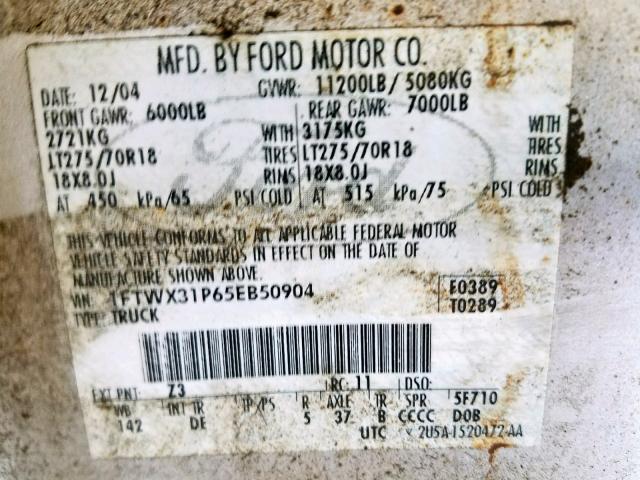 1FTWX31P65EB50904 - 2005 FORD F350 SRW S SILVER photo 10