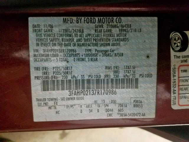 3FAHP02137R170986 - 2007 FORD FUSION SEL RED photo 10