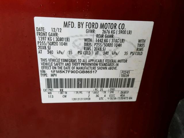 1FM5K7F90DGB86517 - 2013 FORD EXPLORER L RED photo 10