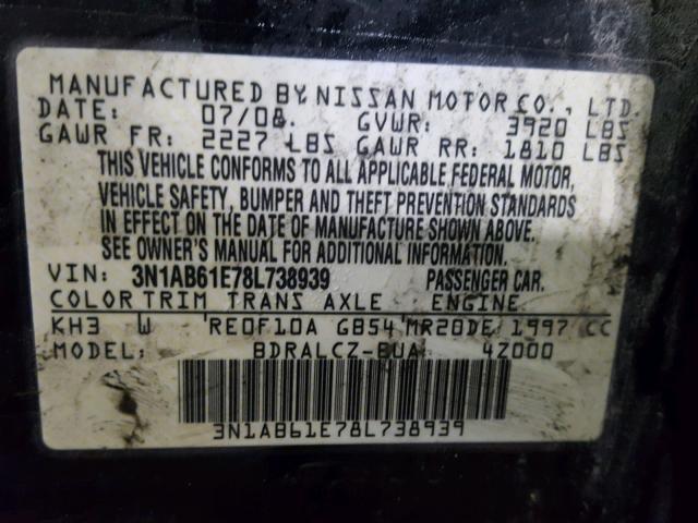 3N1AB61E78L738939 - 2008 NISSAN SENTRA 2.0 BLACK photo 10