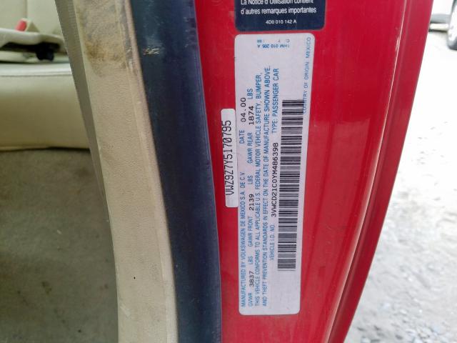 3VWCD21C0YM486398 - 2000 VOLKSWAGEN NEW BEETLE წითელი ფოტო 10