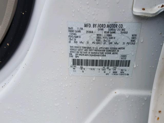 2FMDK4KC6ABA60354 - 2010 FORD EDGE LIMIT WHITE photo 10