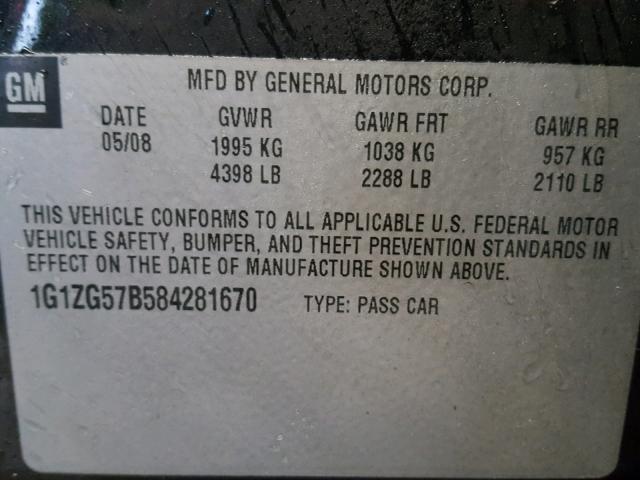 1G1ZG57B584281670 - 2008 CHEVROLET MALIBU LS 黑色 照片 10