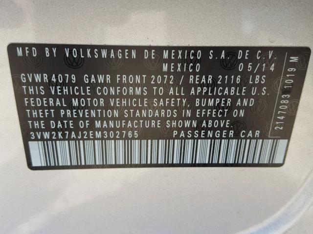 3VW2K7AJ2EM302765 - 2014 VOLKSWAGEN JETTA BASE Արծաթագույն լուսանկար 10