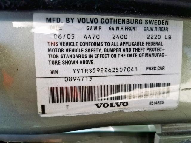 YV1RS592262507041 - 2006 VOLVO S60 2.5T TWO TONE photo 10