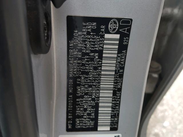 2T1KR32E55C394147 - 2005 TOYOTA COROLLA MA SILVER photo 10