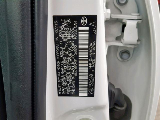 JTDKDTB39F1104592 - 2015 TOYOTA PRIUS C WHITE photo 10