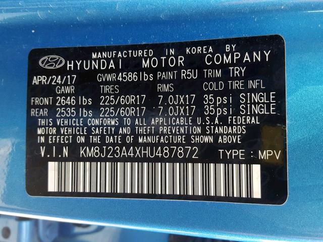 KM8J23A4XHU487872 - 2017 HYUNDAI TUCSON SE BLUE photo 10