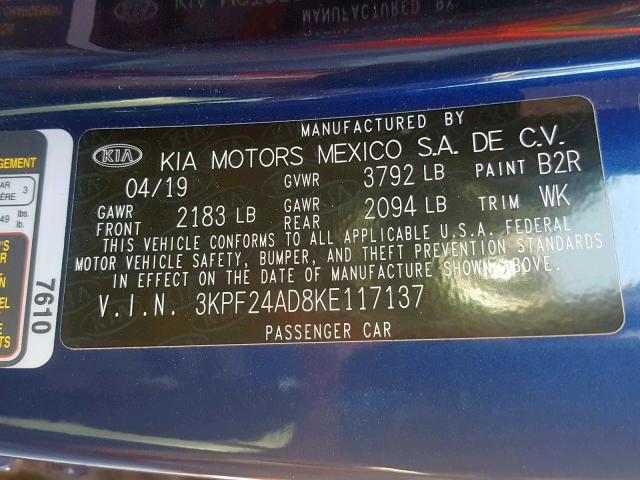 3KPF24AD8KE117137 - 2019 KIA FORTE FE BLUE photo 10