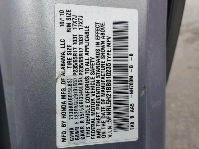 5FNRL5H21BB010235 - 2011 HONDA ODYSSEY LX SILVER photo 10