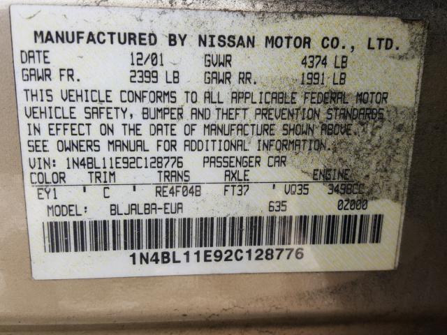 1N4BL11E92C128776 - 2002 NISSAN ALTIMA SE GOLD photo 10