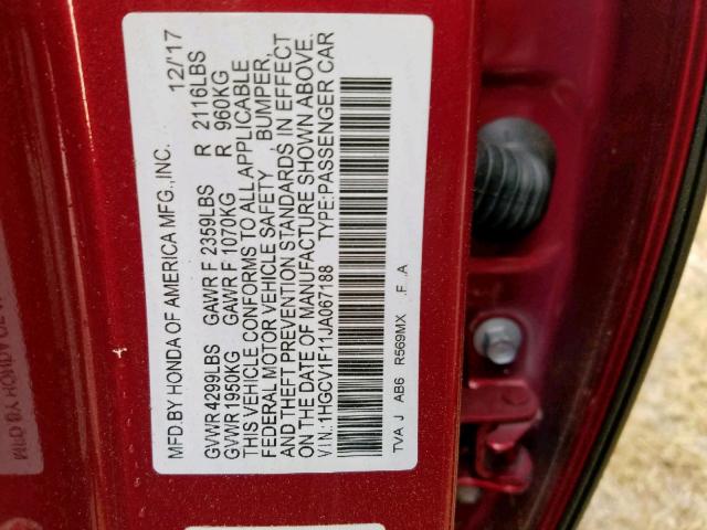 1HGCV1F11JA067188 - 2018 HONDA ACCORD LX RED photo 10