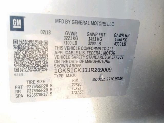 1GKS1CKJ3JR269009 - 2018 GMC YUKON DENA SILVER photo 10