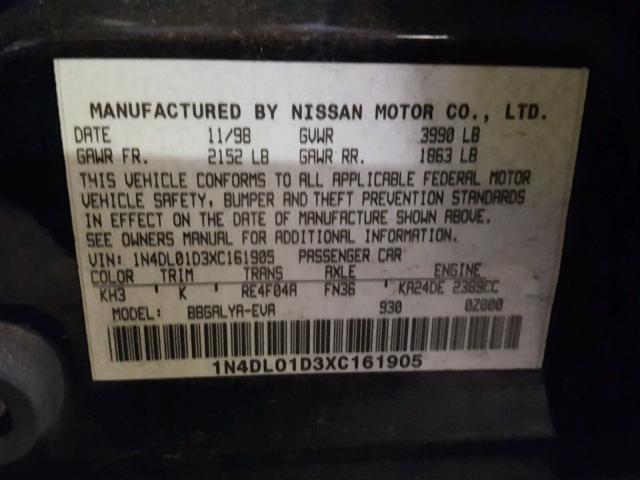 1N4DL01D3XC161905 - 1999 NISSAN ALTIMA XE BLACK photo 10