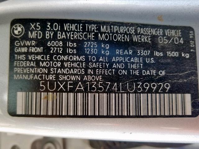 5UXFA13574LU39929 - 2004 BMW X5 3.0I SILVER photo 10