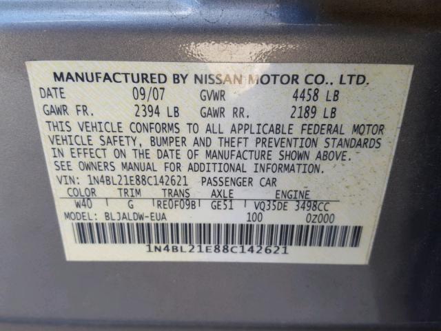 1N4BL21E88C142621 - 2008 NISSAN ALTIMA 3.5 GRAY photo 10