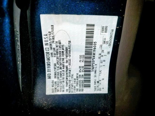 1FAFP33PX4W196005 - 2004 FORD FOCUS LX BLUE photo 10