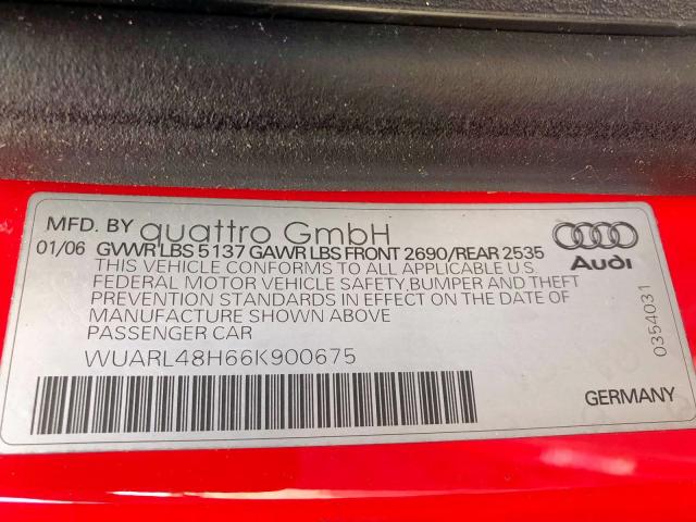 WUARL48H66K900675 - 2006 AUDI S4 QUATTRO RED photo 10