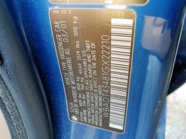 WBADT43481GX22210 - 2001 BMW 525 I AUTO BLUE photo 10