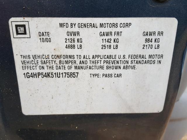 1G4HP54K51U175857 - 2001 BUICK LESABRE CU BLUE photo 10