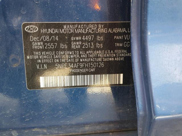 5NPE34AF9FH150126 - 2015 HYUNDAI SONATA SPO BLUE photo 10