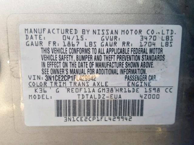 3N1CE2CP1FL429942 - 2015 NISSAN VERSA NOTE GRAY photo 10