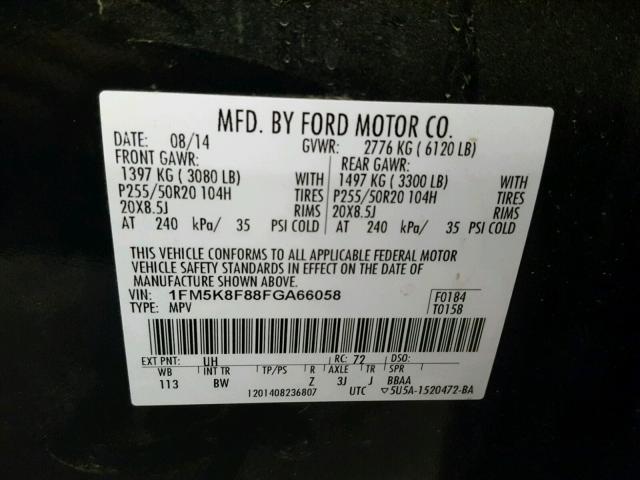 1FM5K8F88FGA66058 - 2015 FORD EXPLORER L BLACK photo 10