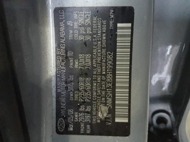 5NMSH13E88H199082 - 2008 HYUNDAI SANTA FE S GRAY photo 10