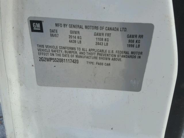 2G2WP552081117420 - 2008 PONTIAC GRAND PRIX WHITE photo 10