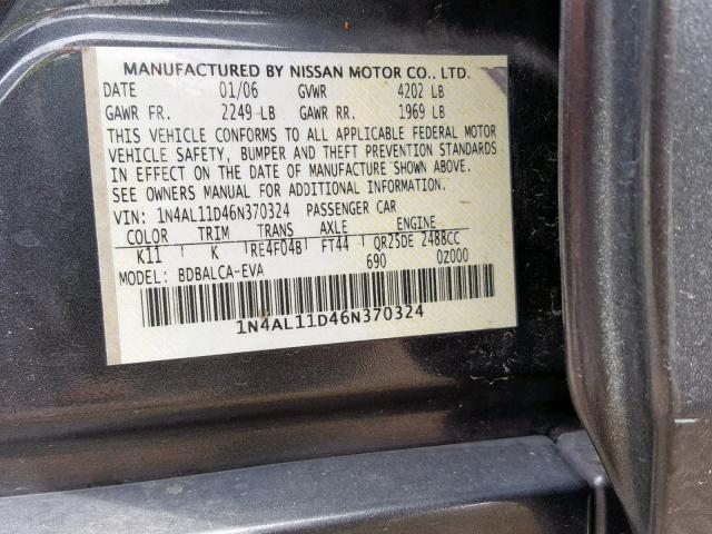 1N4AL11D46N370324 - 2006 NISSAN ALTIMA S GRAY photo 10