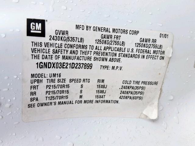 1GNDX03E21D237899 - 2001 CHEVROLET VENTURE WHITE photo 10