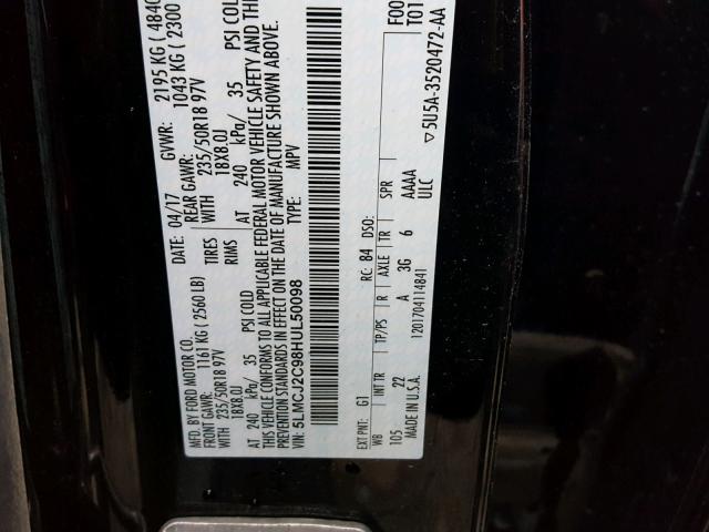 5LMCJ2C98HUL50098 - 2017 LINCOLN MKC SELECT 黑色 照片 10