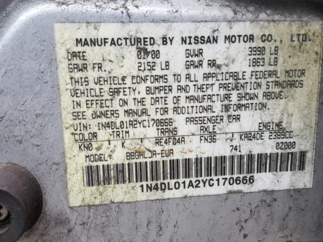 1N4DL01A2YC170666 - 2000 NISSAN ALTIMA XE GRAY photo 10