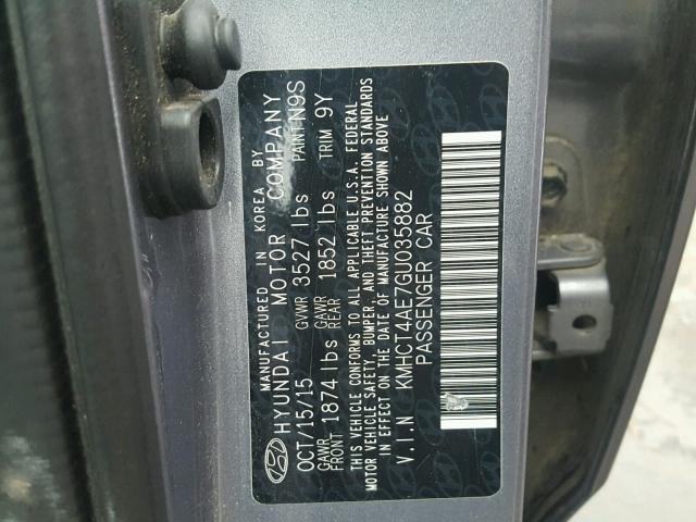 KMHCT4AE7GU035882 - 2016 HYUNDAI ACCENT SE GRAY photo 10