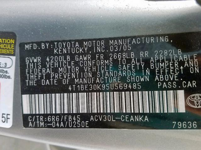 4T1BE30K95U569485 - 2005 TOYOTA CAMRY LE GRAY photo 10