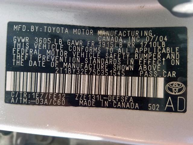 2T1BY32E75C351545 - 2005 TOYOTA COROLLA XR SILVER photo 10