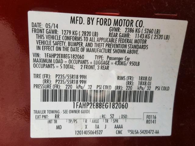 1FAHP2E88EG182060 - 2014 FORD TAURUS SEL BURGUNDY photo 10