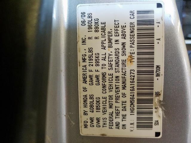 1HGCM56416A164273 - 2006 HONDA ACCORD LX SILVER photo 10