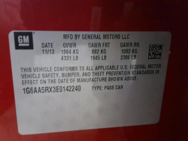 1G6AA5RX3E0142240 - 2014 CADILLAC ATS RED photo 10