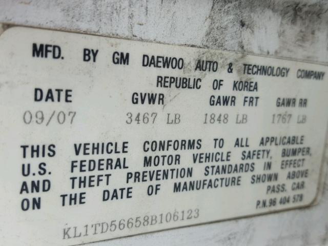 KL1TD56658B106123 - 2008 CHEVROLET AVEO BASE Ақ фото 10