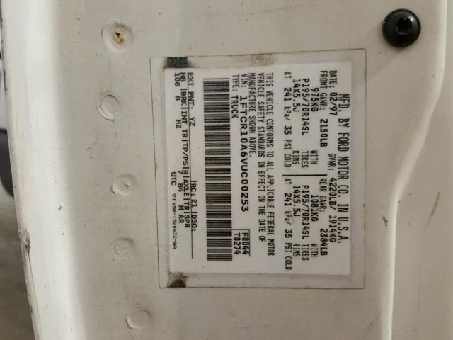 1FTCR10A6VUC00253 - 1997 FORD RANGER WHITE photo 10