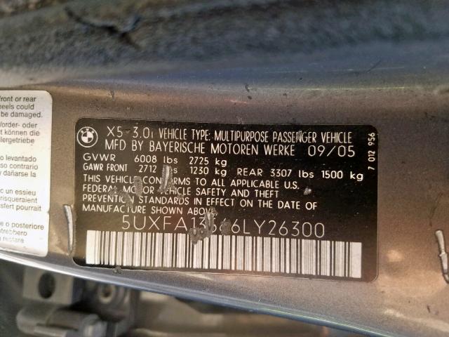 5UXFA13566LY26300 - 2006 BMW X5 3.0I GRAY photo 10