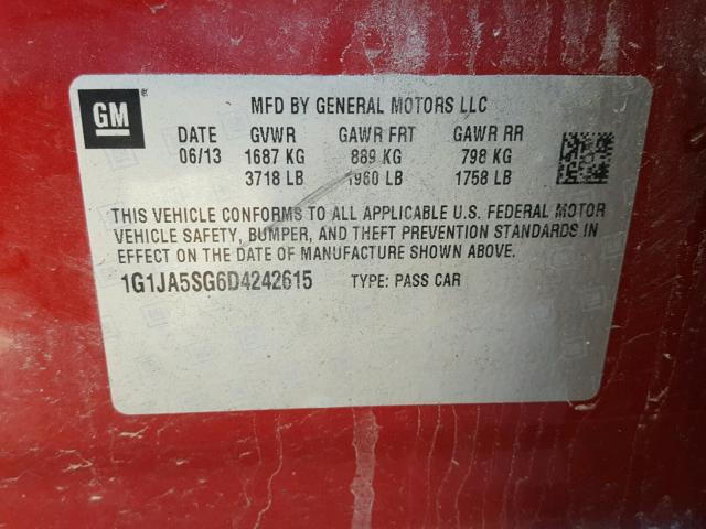 1G1JA5SG6D4242615 - 2013 CHEVROLET SONIC LS 红色 照片 10