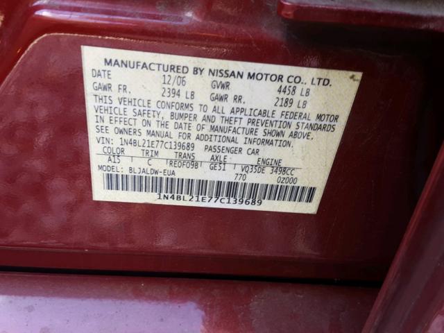 1N4BL21E77C139689 - 2007 NISSAN ALTIMA 3.5 RED photo 10